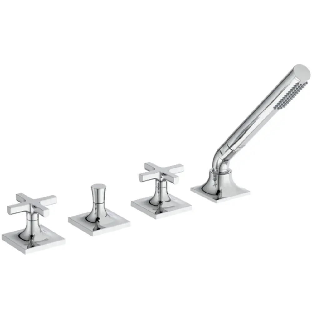 Vierloch-Badewannenarmatur mit Kreuzgriffen in Chrom-Finish von Ideal Standard, bestehend aus zwei Griffen für heißes und kaltes Wasser sowie einem Handbrauseschlauch.